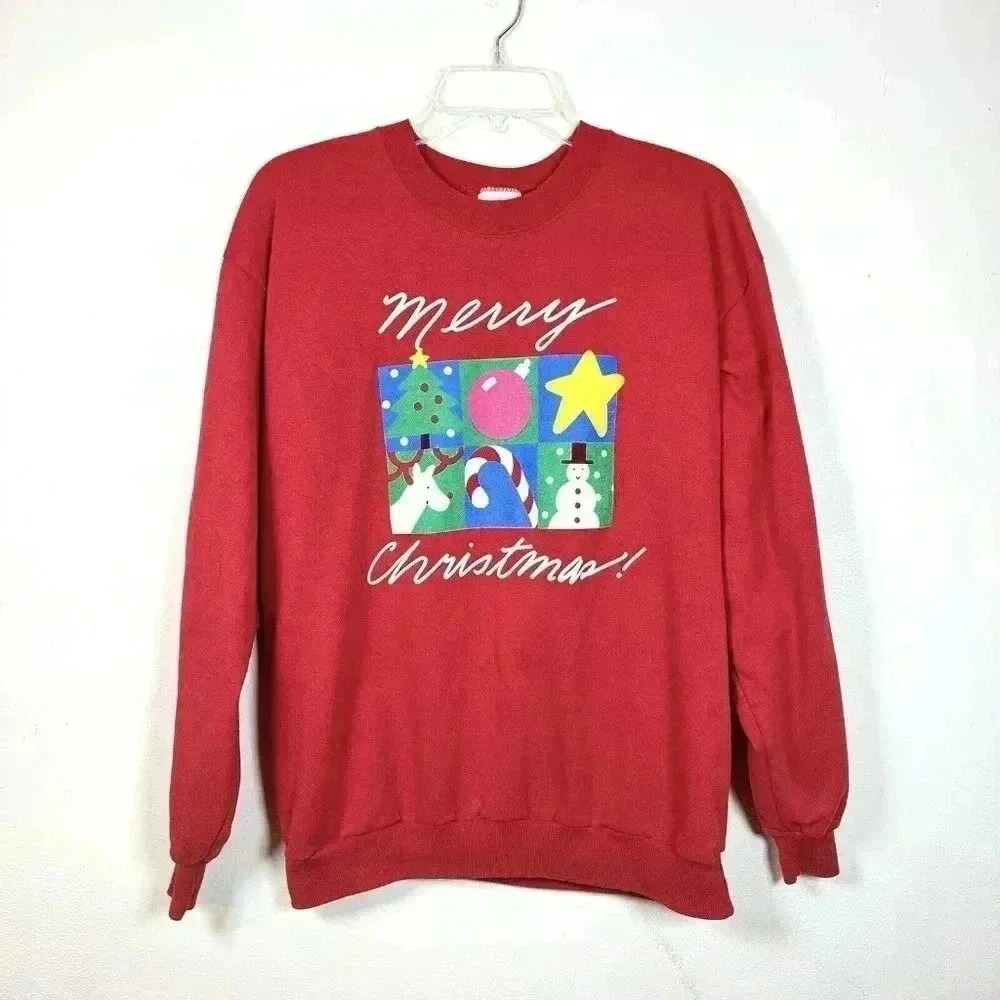 Vintage Merry Christmas Sweater Women XL Red Crew Neck Sweatshirt‎ 90s Cotton
